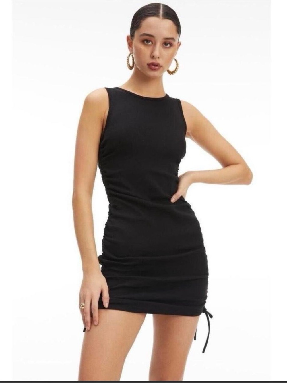 Good American Black Sleeveless Ruched Mini Dress